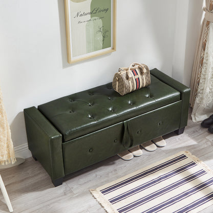 48" Ottoman Bench with Storage, Bench for Bedroom,Living Room,Hallway, Upholstered Tufted Faux Leather PU Ottoman Dark Green image 1