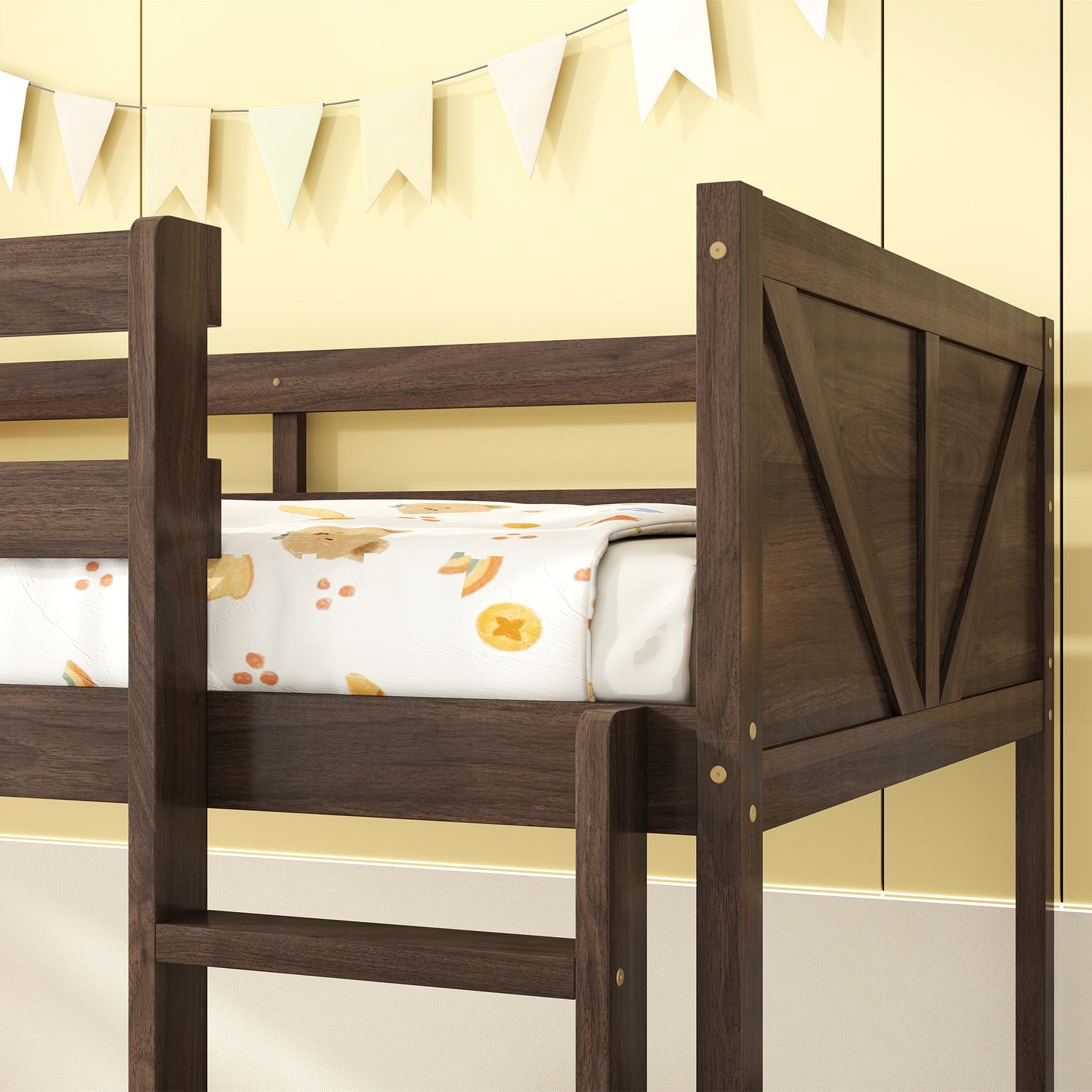 Twin over Twin Floor Bunk Bed with Panelled Headboard and Footboard, Solid Rubber Wood Foundation with Safety Guardrails, Built-in ladder,Antique Oak(Old Sku W504P263818) image 10