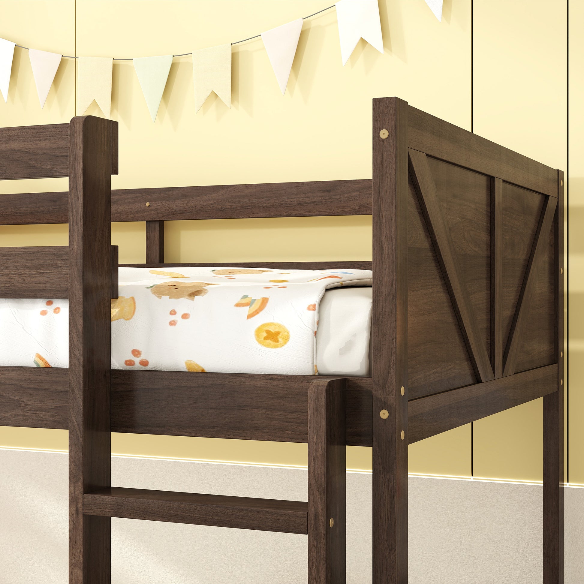 Twin over Twin Floor Bunk Bed with Panelled Headboard and Footboard, Solid Rubber Wood Foundation with Safety Guardrails, Built-in ladder,Antique Oak(Old Sku W504P263818) image 10