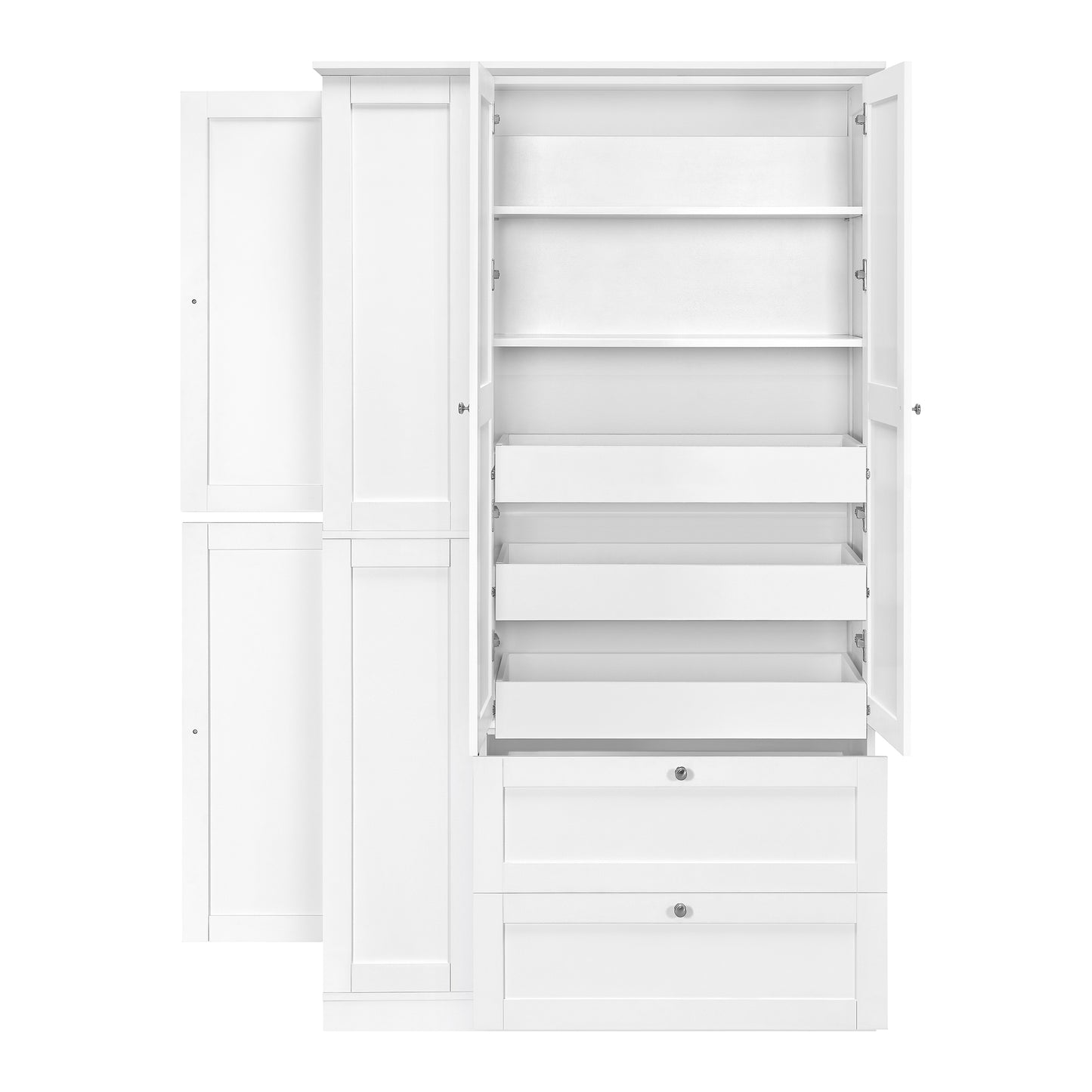 TOPMAX 73.6" Tall Farmhouse Kitchen Pantry Cabinet with 8 Shelves, 2 Drawers, 3 Pull-Out Trays, 4 Doors and Side Cabinets for Kitchen & Dining Room, White image 11