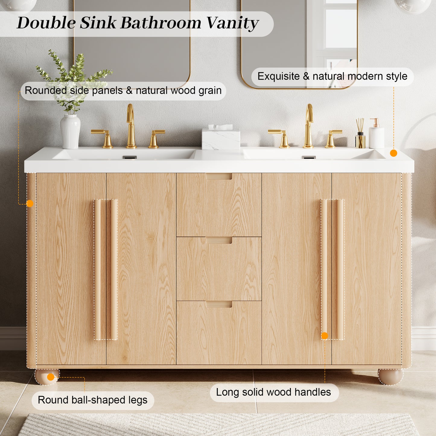 [Cabinet Only] 58.3" Bathroom Vanity Cabinet Only Without Vanity Top, 3 Drawers & 4 Doors, All Soft-Close, Adjustable Shelf, Wood Color image 6