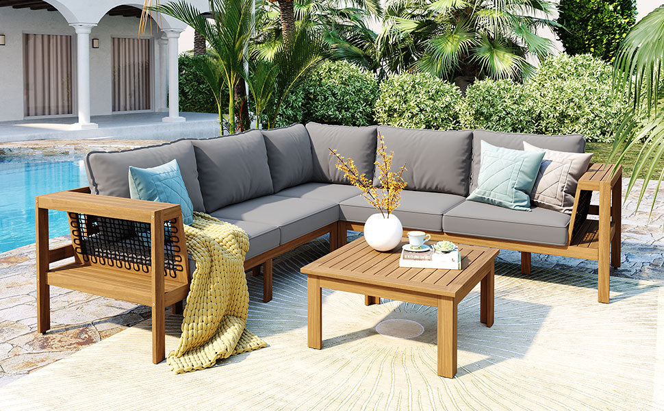 <Old SKU: N704G201249E> 4 Pieces Outdoor Acacia Wood Sofa Set, Woven Mesh Armrests, L-Shaped Patio Furniture Sofa Set with Coffee Table, Outdoor Conversation Set with Gray Cushions and Side Table image 9