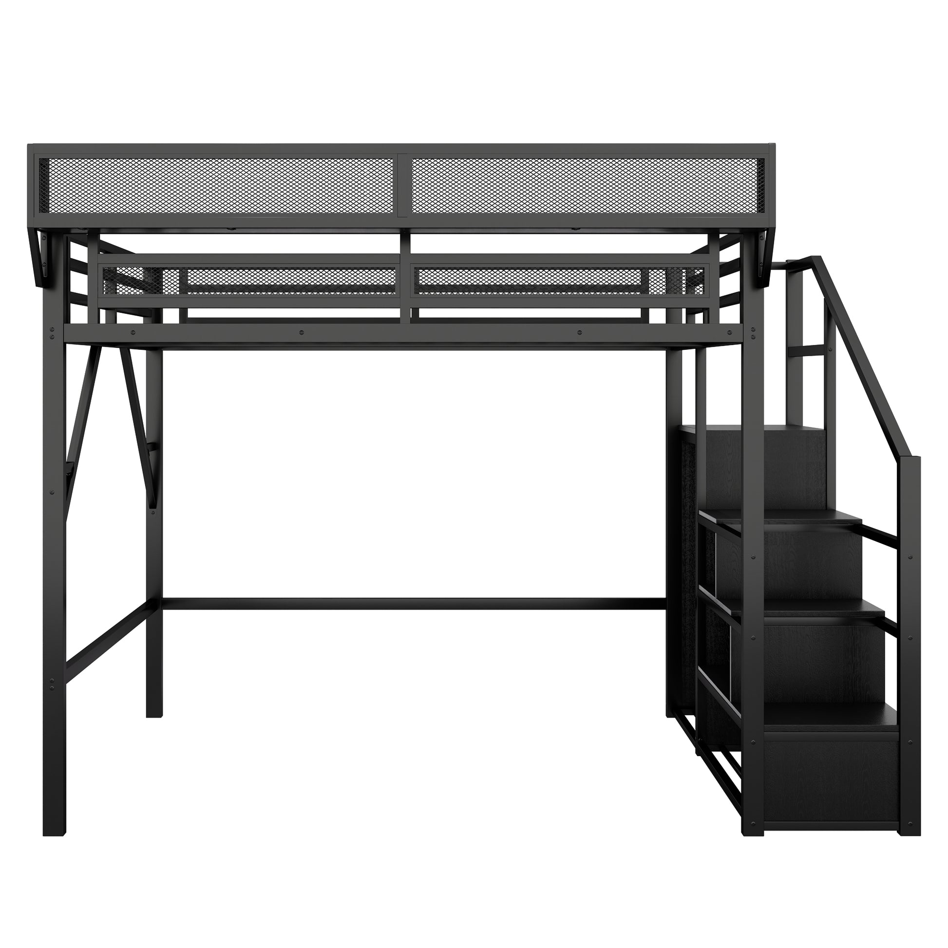 Full Size Loft Bed with Stairs, Metal Full Loft Bed with Storage Shelves, High Loft Bed with Wardrobe for Kids Teens, Black(Old skuW2580S00037) image 10