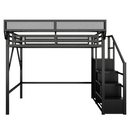 Full Size Loft Bed with Stairs, Metal Full Loft Bed with Storage Shelves, High Loft Bed with Wardrobe for Kids Teens, Black(Old skuW2580S00037) image 10