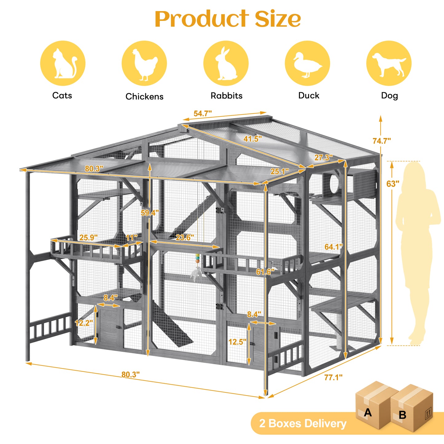 Large Outdoor Catio for 6-10 Cats, Pine Wood Cat Cage Outdoor with Weatherproof Roof, 6 Platforms, Climbing Ramp, 1 Resting Box and Cat Scratching Post, Outdoor Cat House with Storage Shelves, Grey image 7