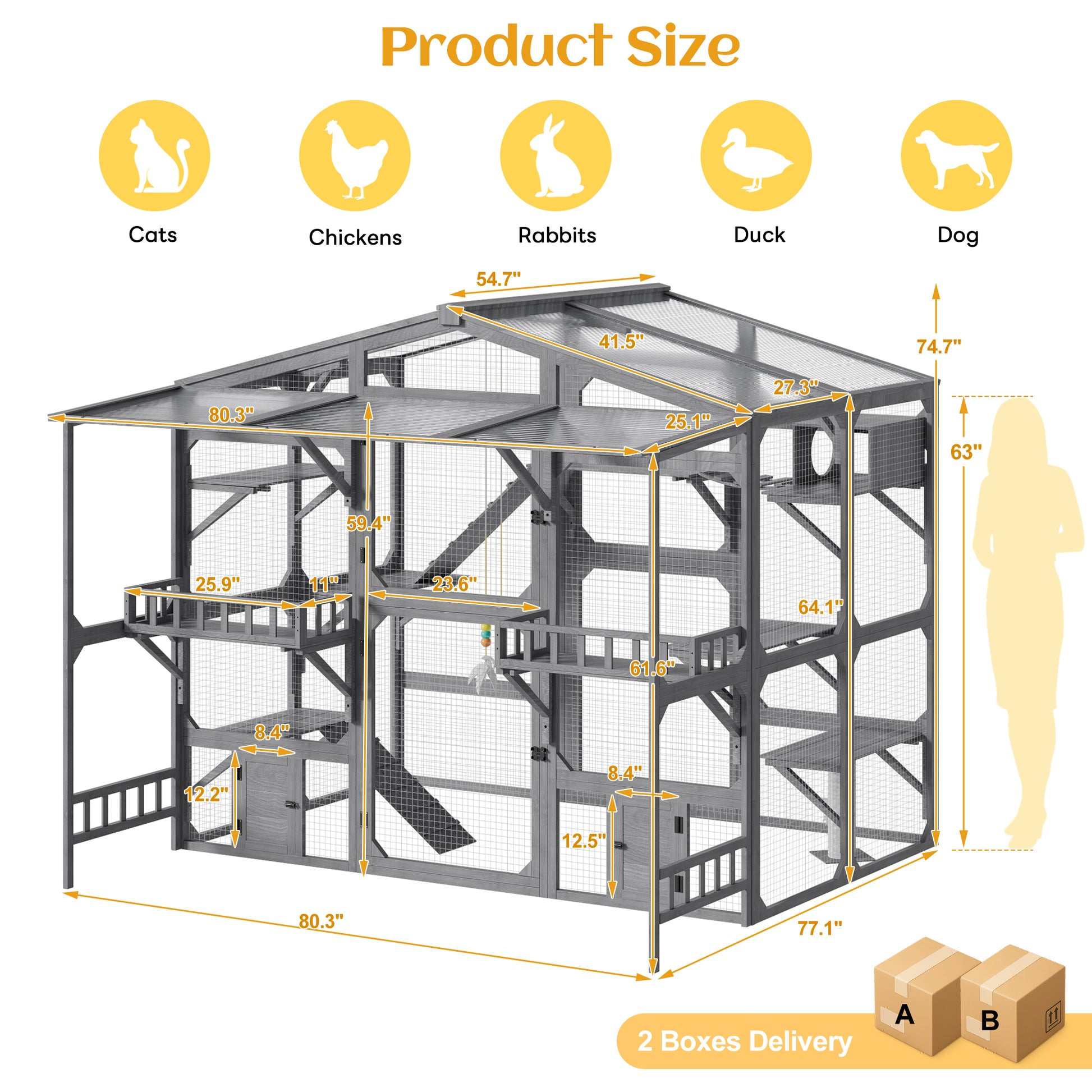 Large Outdoor Catio for 6-10 Cats, Pine Wood Cat Cage Outdoor with Weatherproof Roof, 6 Platforms, Climbing Ramp, 1 Resting Box and Cat Scratching Post, Outdoor Cat House with Storage Shelves, Grey image 7