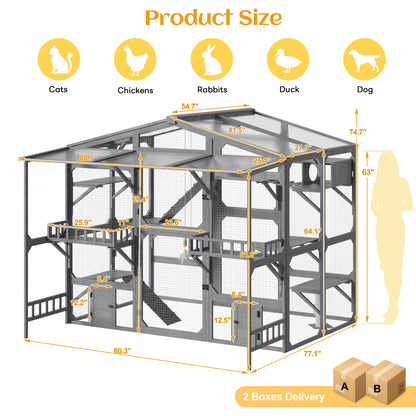 Large Outdoor Catio for 6-10 Cats, Pine Wood Cat Cage Outdoor with Weatherproof Roof, 6 Platforms, Climbing Ramp, 1 Resting Box and Cat Scratching Post, Outdoor Cat House with Storage Shelves, Grey image 7
