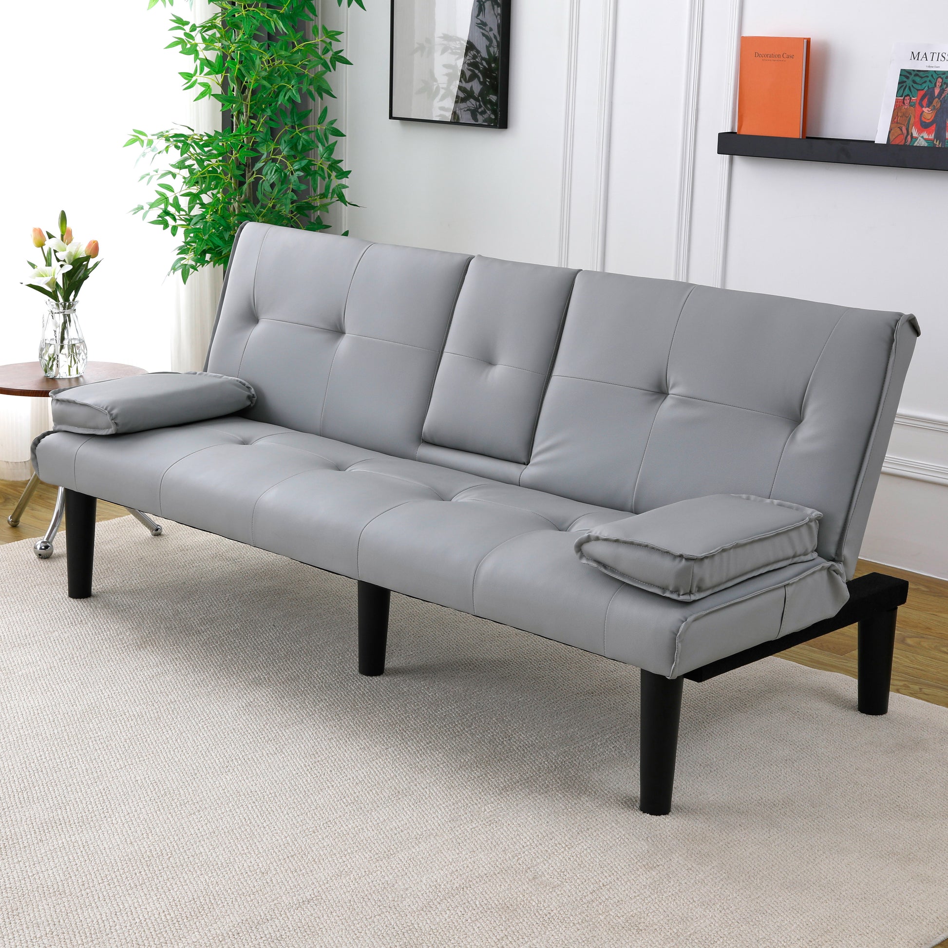 The 67-inch light gray PVC multi-functional sofa bed, with a foldable and cup holder design, makes it extremely convenient to turn the living room into a guest room image 6