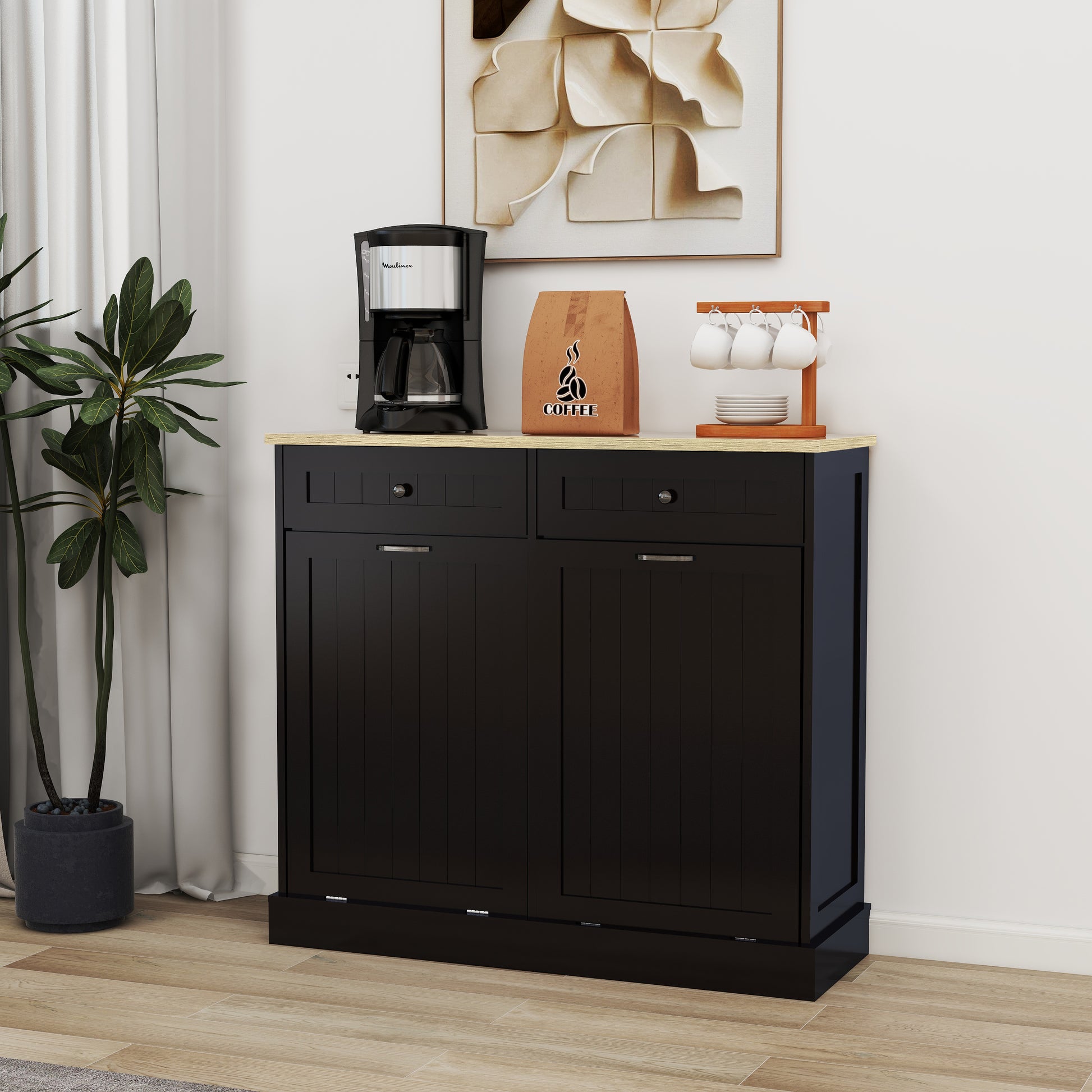 Two Drawers and Two-Compartment Tilt-Out Trash Cabinet Kitchen Trash Cabinet-Black image 4