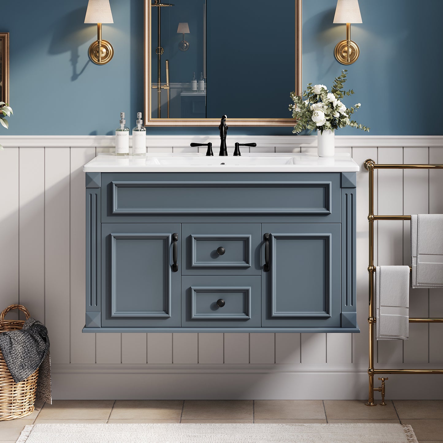 36 inch Wall Mounted Bathroom Cabinet with Ceramic Sink and Drawers, French Simple Style Vanity with Soft Closing Hinges image 1