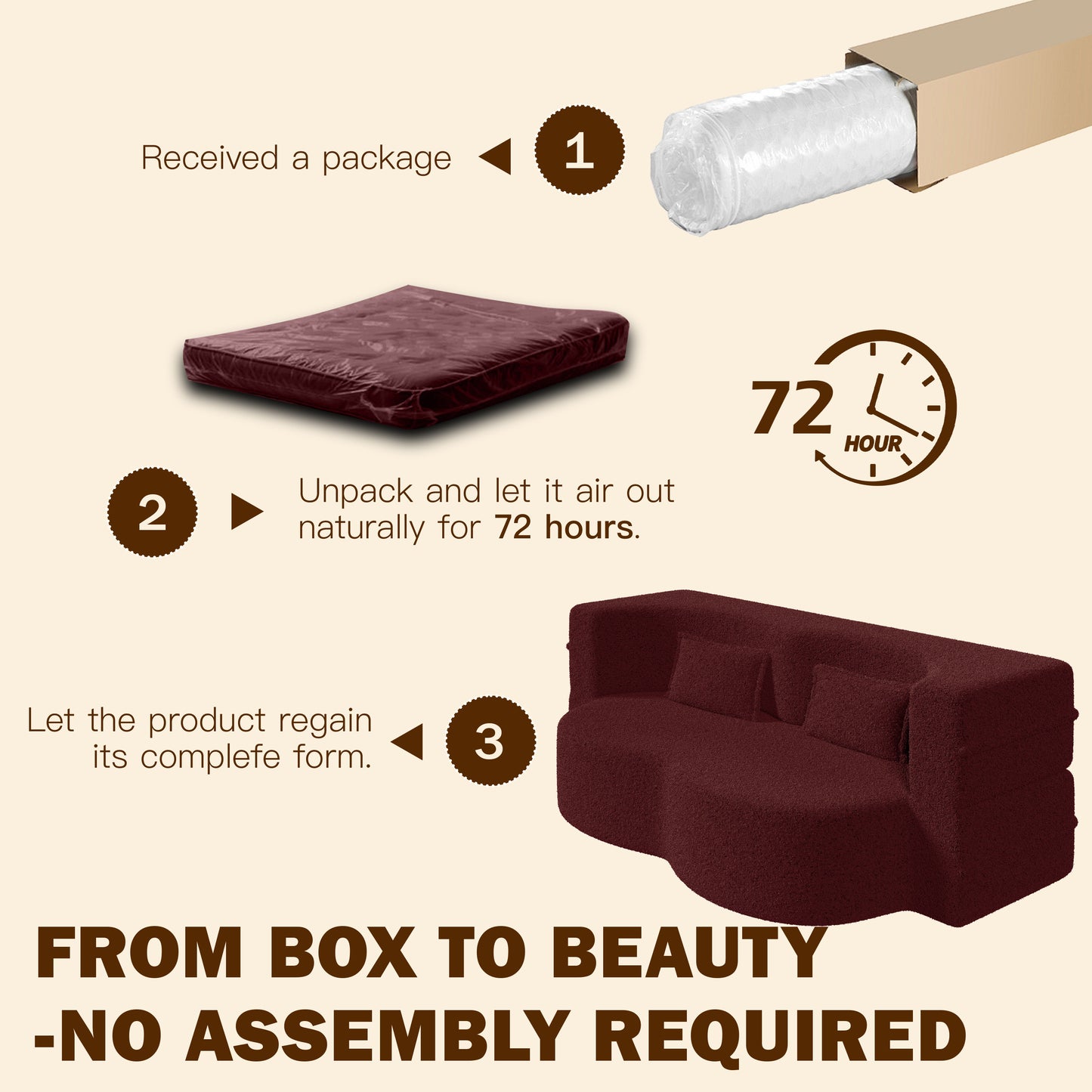 Modern Floor Sofa with 2 Pillows,Convertible Sherpa Fleece Fabric Foam-Filled Sleeper Sofa Bed,15" Twin Size Folding Mattress for Living Room,Guest Bed,Playroom,no assembly required,Burgundy image 11