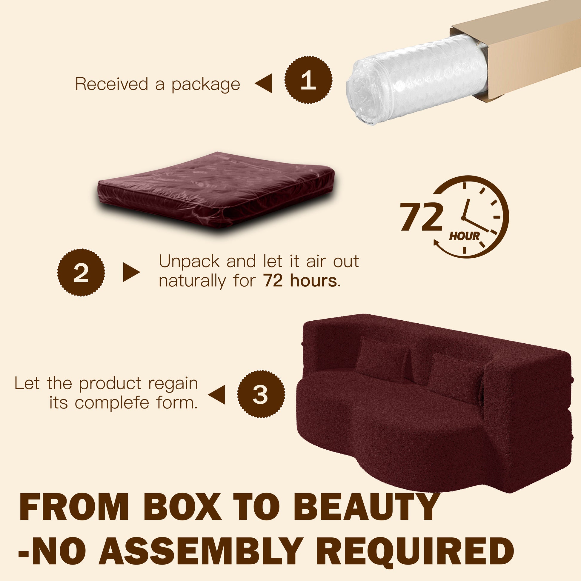 Modern Floor Sofa with 2 Pillows,Convertible Sherpa Fleece Fabric Foam-Filled Sleeper Sofa Bed,15" Twin Size Folding Mattress for Living Room,Guest Bed,Playroom,no assembly required,Burgundy image 11