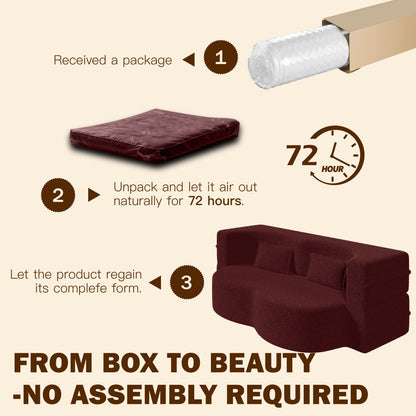 Modern Floor Sofa with 2 Pillows,Convertible Sherpa Fleece Fabric Foam-Filled Sleeper Sofa Bed,15" Twin Size Folding Mattress for Living Room,Guest Bed,Playroom,no assembly required,Burgundy image 11