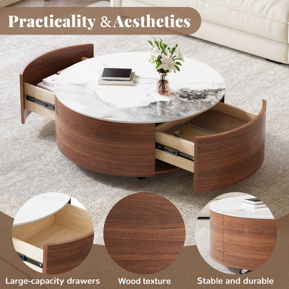 Modern Round Movable Coffee Table with Casters, 2 Drawers, Marble Pattern Sintered Stone Top, Walnut, 29.5" image 8