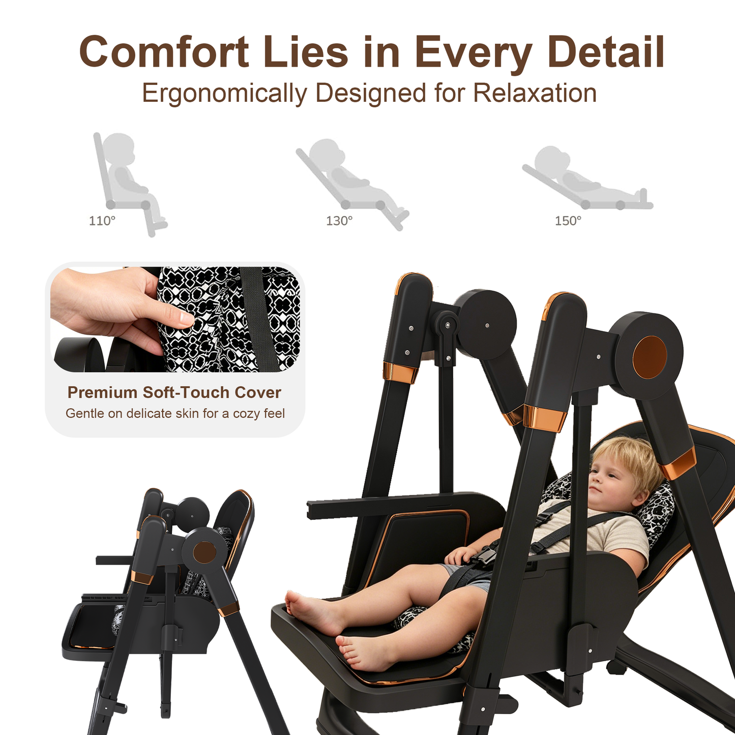 Convertible Baby High Chair to Rocker with 5-Point Harness, Foldable Infant Feeding Chair with Silent Locking Wheels & Removable 2-Tier Easy-Clean Tray for 6M-3Yrs(Black) image 5