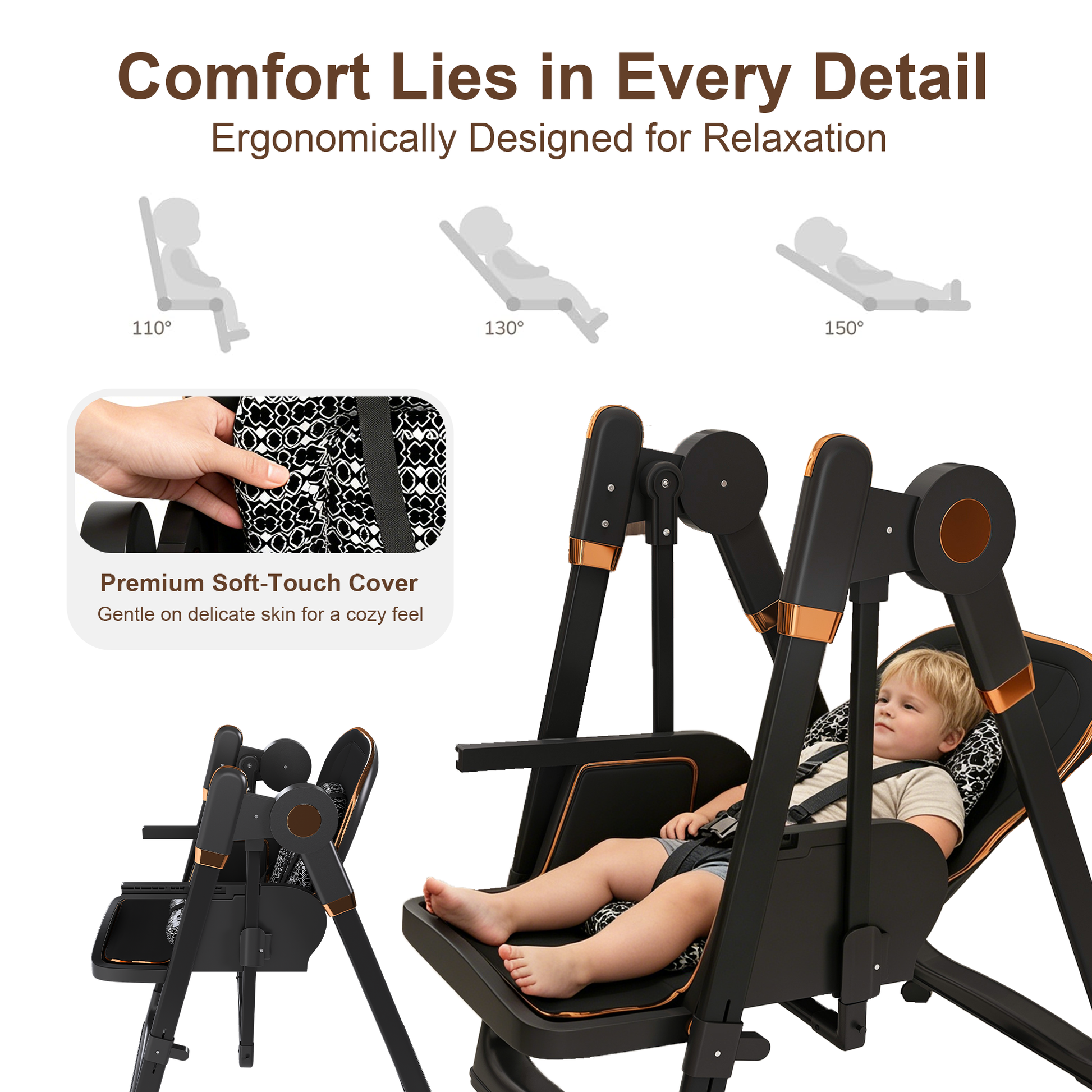 Convertible Baby High Chair to Rocker with 5-Point Harness, Foldable Infant Feeding Chair with Silent Locking Wheels & Removable 2-Tier Easy-Clean Tray for 6M-3Yrs(Black) image 5