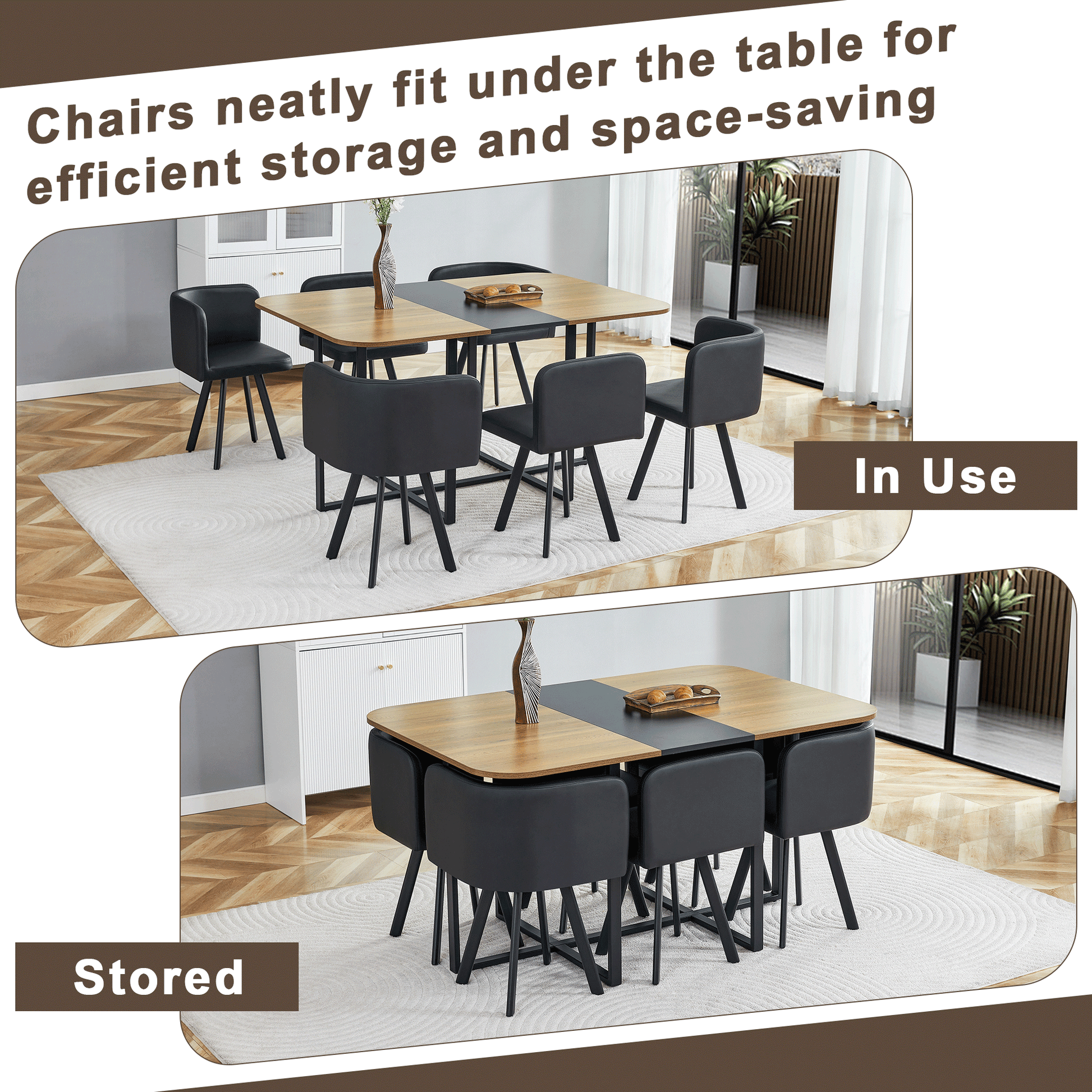 7-Piece Dining Table Set for 6, 1 Table & 6 Black PU Upholstered Chairs, Black & Wood Grain Melamine Table, Modern Kitchen Nook Set for Dining Room, Apartment & Small Space image 7
