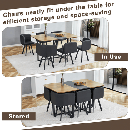 7-Piece Dining Table Set for 6, 1 Table & 6 Black PU Upholstered Chairs, Black & Wood Grain Melamine Table, Modern Kitchen Nook Set for Dining Room, Apartment & Small Space image 7