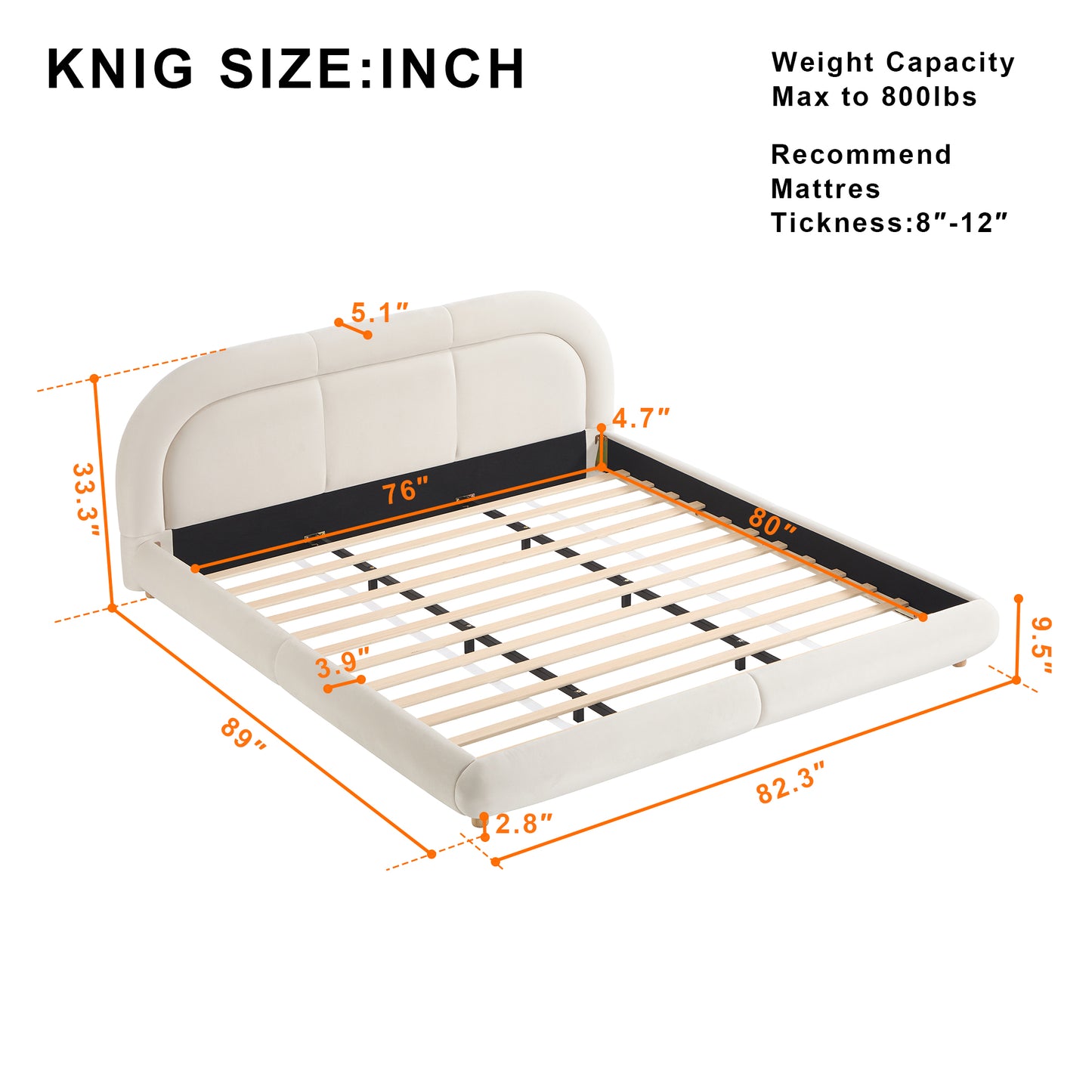 King Size,Modern Curved Upholstered Low Profile Platform Bed with Rounded Headboard(Velvet,Beige) image 7