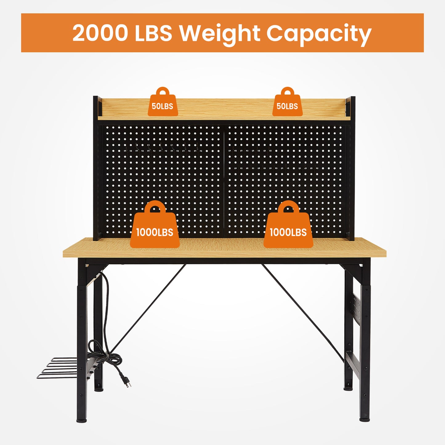 48''Adjustable Workbench with pegboard, Heavy Duty Wooden Desktop Workbench with Wheels, 1600 lb. Load Capacity, Rolling Workbench with AC/USB Outlet, Hooks, Shelf, for Garage, Workshop, Office, Home. image 6
