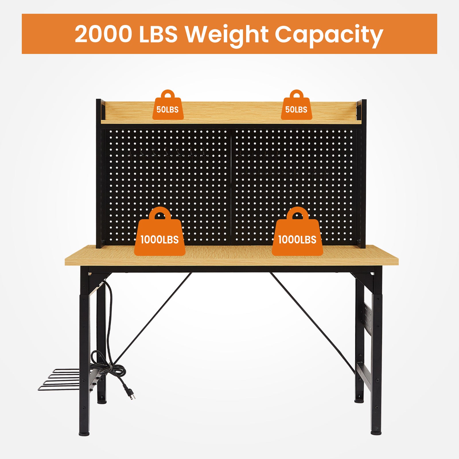 48''Adjustable Workbench with pegboard, Heavy Duty Wooden Desktop Workbench with Wheels, 1600 lb. Load Capacity, Rolling Workbench with AC/USB Outlet, Hooks, Shelf, for Garage, Workshop, Office, Home. image 6