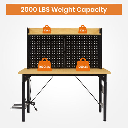 48''Adjustable Workbench with pegboard, Heavy Duty Wooden Desktop Workbench with Wheels, 1600 lb. Load Capacity, Rolling Workbench with AC/USB Outlet, Hooks, Shelf, for Garage, Workshop, Office, Home. image 6