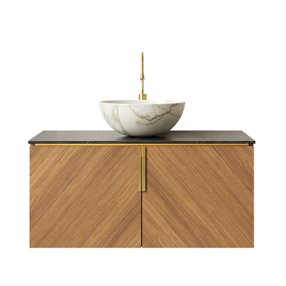 ARAI 36" Bathroom Vanity & Sink, Floating Plywood Bathroom Storage Cabinet with Double Doors, Black Sintered Stone Countertop & White Bowl Ceramic Basin with Stone Pattern, Brown Oak Woodgrain Color image 3