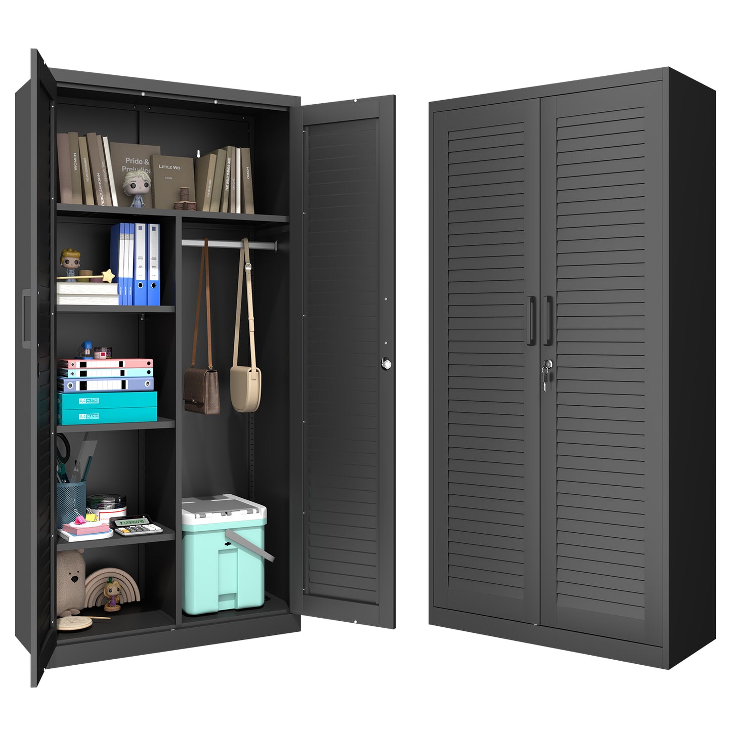 Wide & Deep Metal Storage Cabinet with Hanging Rod,Black Broom Closet Storage Cabinet with Lock, Tall Wardrobe Cabinets with Doors and Shelves,Locking Steel Tool Cabinets for Home,Office,Garage image 1