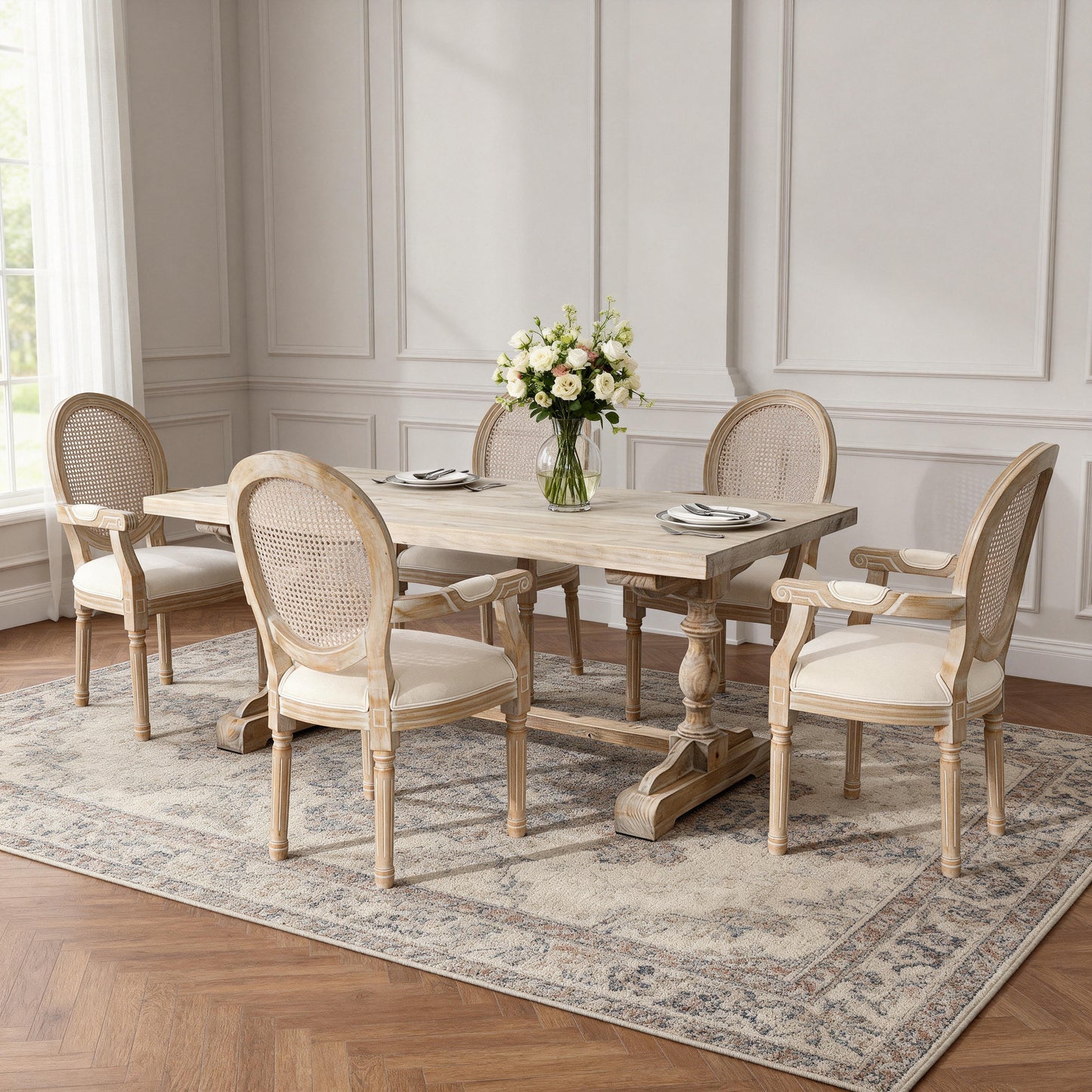 French Vintage Upholstered Fabric Dining Armchair, Set of 2, Beige image 11