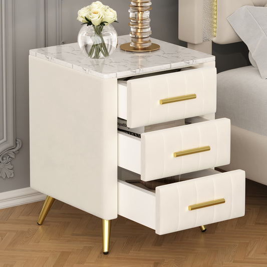 Upholstered Wooden Nightstand with 3 Drawers and Metal Legs&Handles, Bedside Table with Marbling Stickers Worktop - Beige image 1