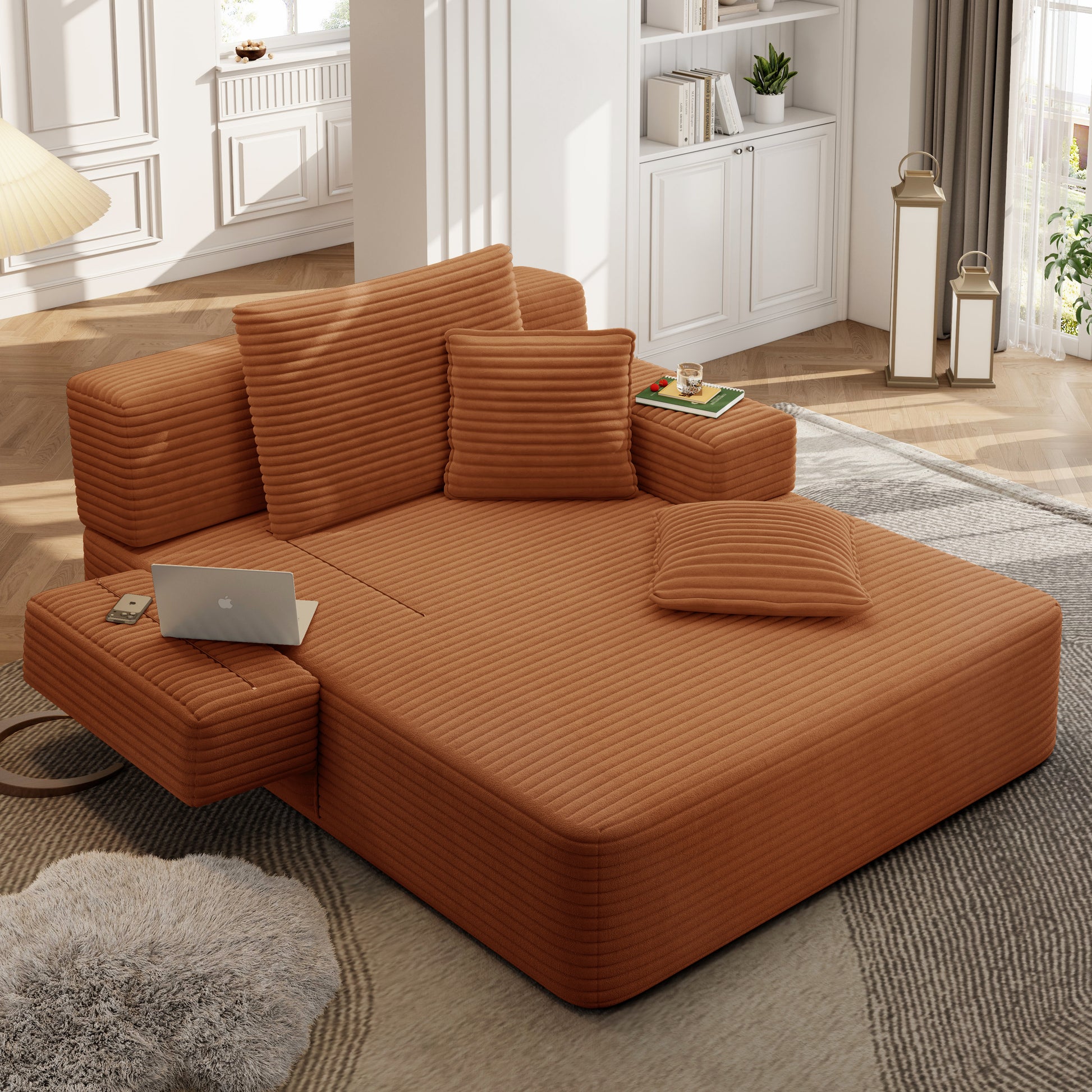 Luxurious Plush Corduroy Chaise Lounge with 3 Pillows, Convertible Sofa Bed with Storage Pocket, Frameless Design & Compression Foam for Small Spaces, Living Room, Apartment,Orange image 10