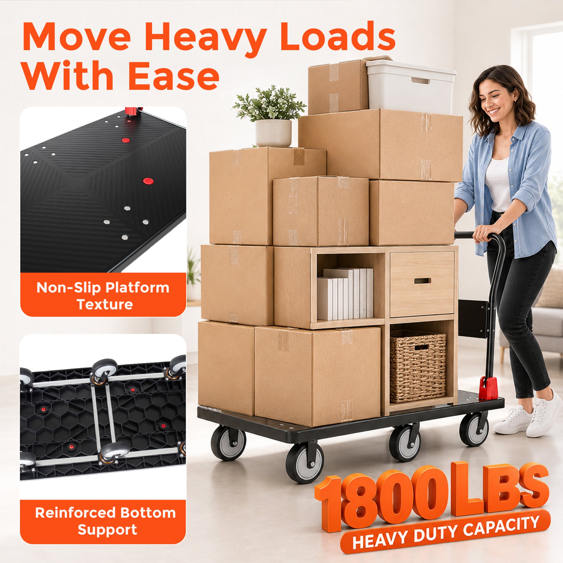 25.5"x51.5" Platform Truck, Foldable Handcart with 6'' TPR 360-Degree Silent Wheels, 1800lbs Heavy-Duty Push Dolly Cart, 4 Steel Load-Bearing Beams for Warehouse Garage Home Use image 3