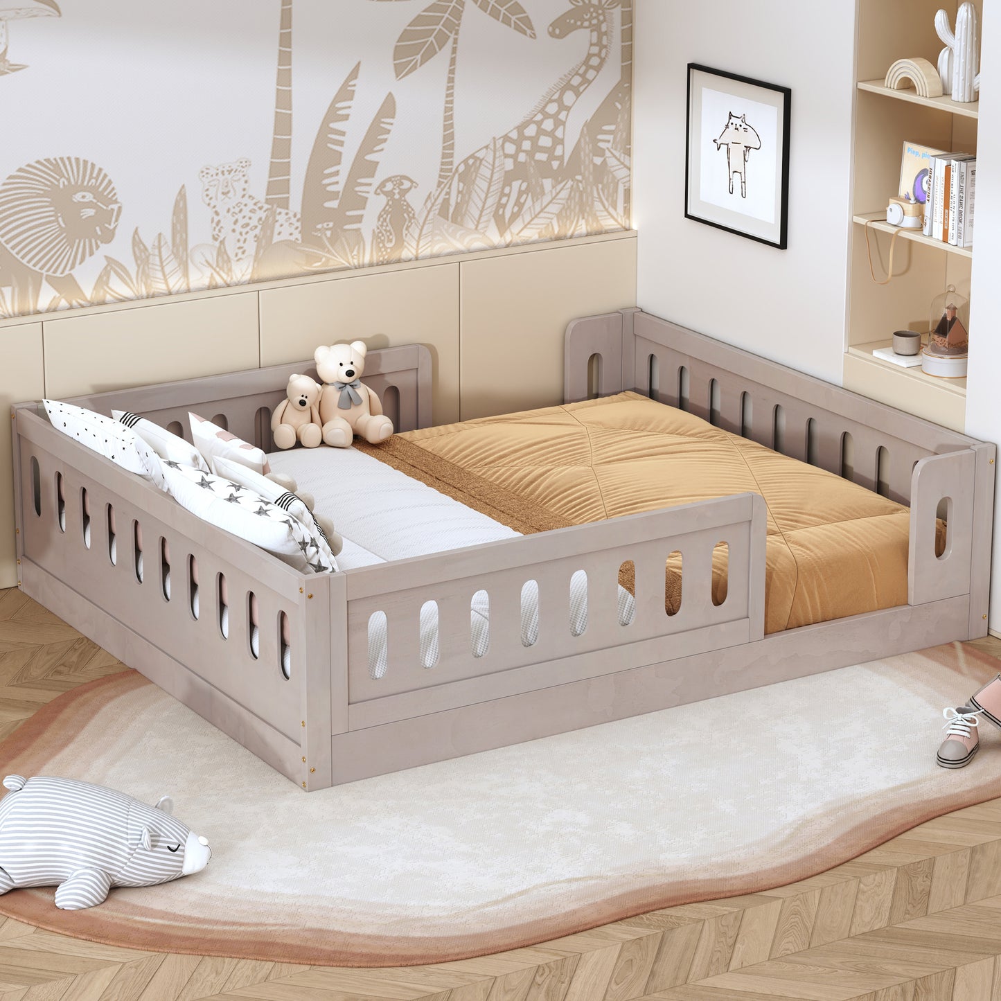 Wood Full Size Platform Bed with Guardrail, Natural image 2