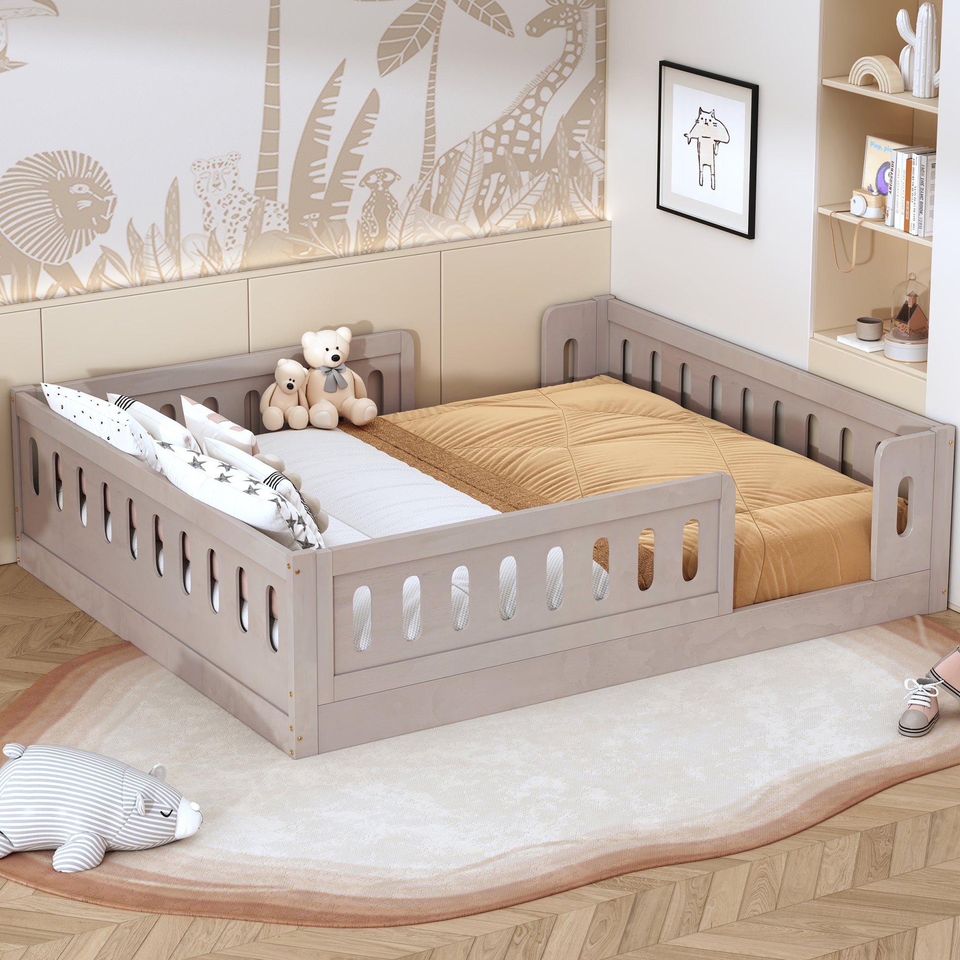 Wood Full Size Platform Bed with Guardrail, Natural image 2