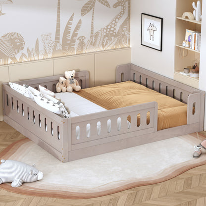 Wood Full Size Platform Bed with Guardrail, Natural image 2