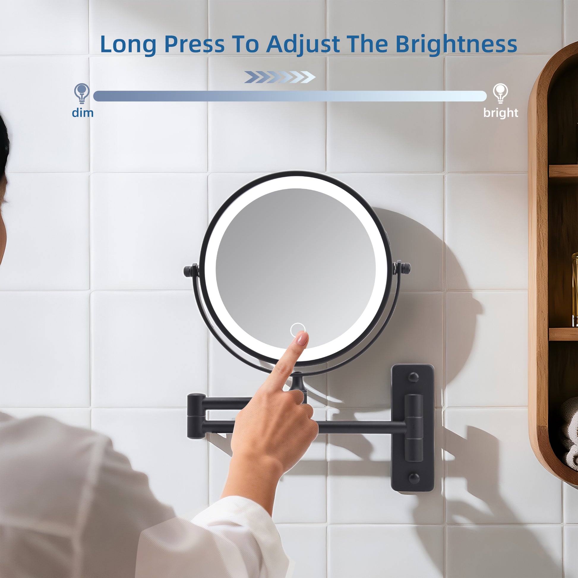 Wall Mounted Lighted Makeup Mirror, 1000mAh Rechargeable Double Sided 1X/10X Magnifying Mirror with Light,3 Color Lights,Touch Dimmable, Extended Arm 360 Rotation Wall Mounted Makeup Mirror image 2
