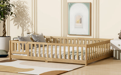 Queen Size Floor Bed with Fence,Door,Rubber Wood Floor Bed with Safety Guardrails,Natural (Old Sku W504P286389) image 6
