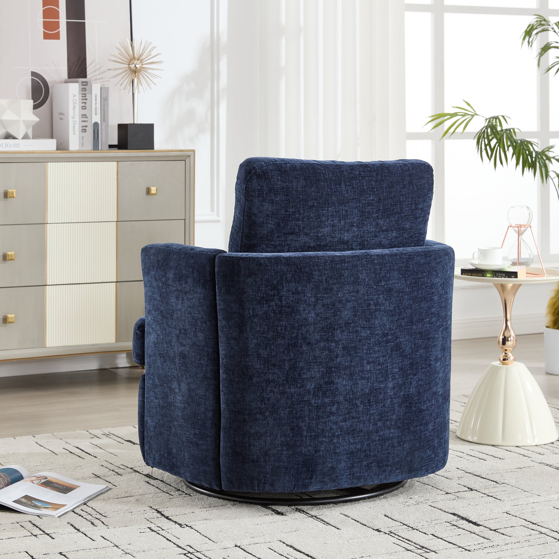 Vanity Chair,Swivel Accent Chair, 360 Degree Round Swivel Barrel Chair, Upholstered Comfy Swivel Chairs for Living Room,Accent Chairs for Bedroom, Reading Room,Powder Room,(Velvet, Blue) image 9
