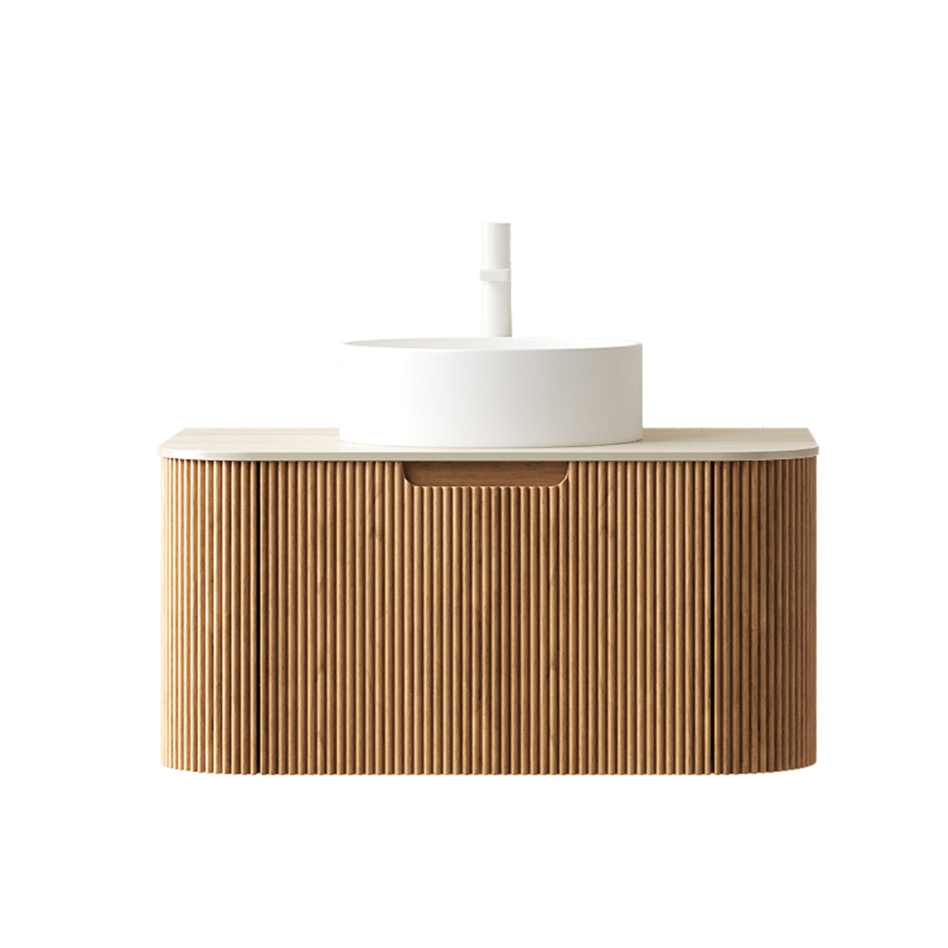 DINA 30" Bathroom Vanity&Sink, Floating Curved Edge Striped Plywood Storage Cabinet with Drawer, White Round Ceramic Basin&Travertine-Pattern Sintered Stone Top, Pre-assembled, Natural Woodgrain Color image 3