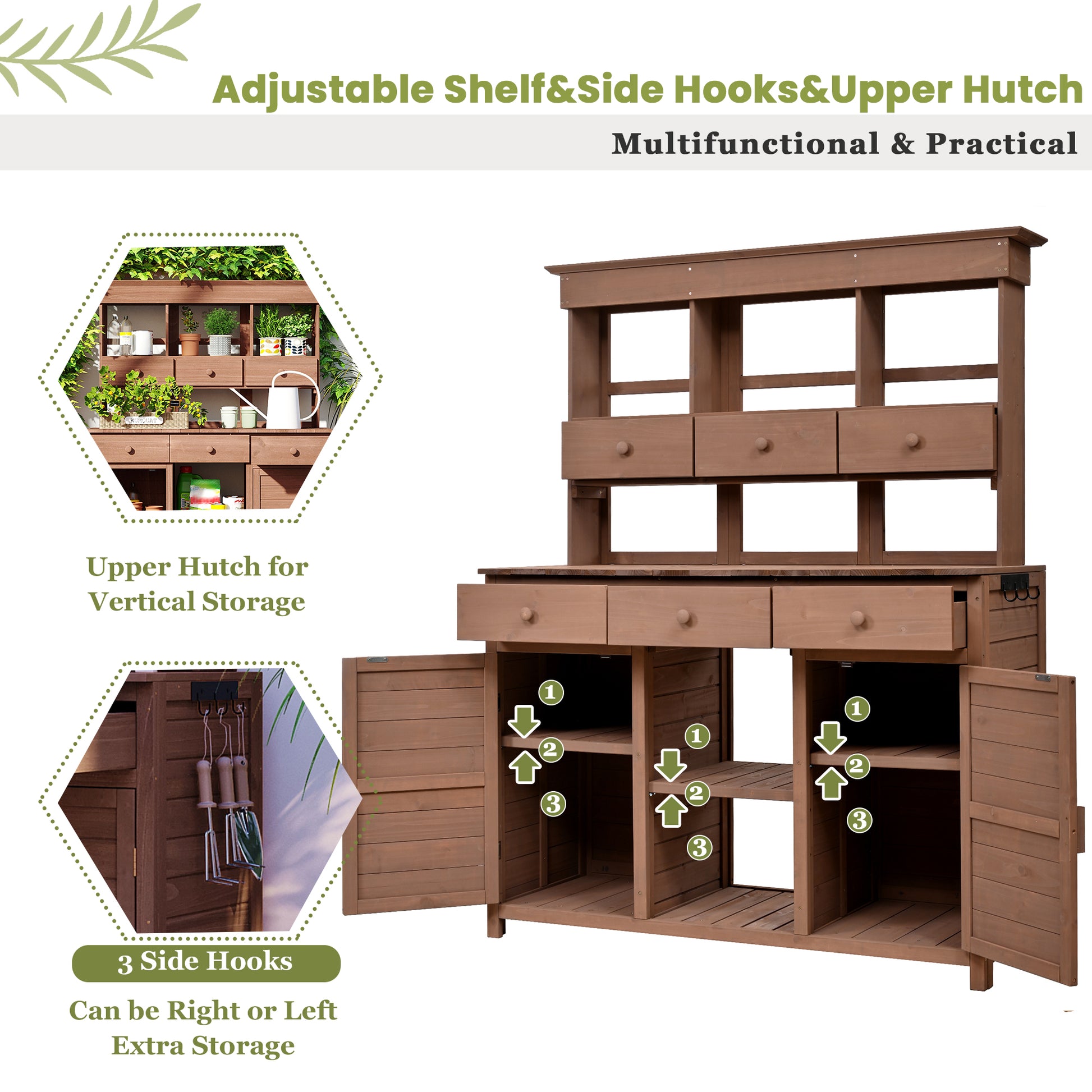 [Assembly Video Provided] TOPMAX 65.7'' H Tall Garden Potting Bench Table with Hutch,Patio Storage Workstation with 3 Shelves,6 Drawers,2 Bottom Cabinets&Side Hooks for Mudroom,Doorway, Brown image 5
