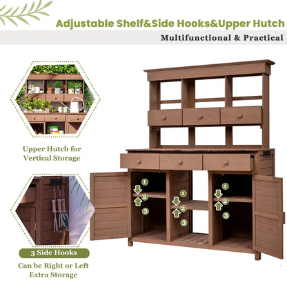 [Assembly Video Provided] TOPMAX 65.7'' H Tall Garden Potting Bench Table with Hutch,Patio Storage Workstation with 3 Shelves,6 Drawers,2 Bottom Cabinets&Side Hooks for Mudroom,Doorway, Brown image 5