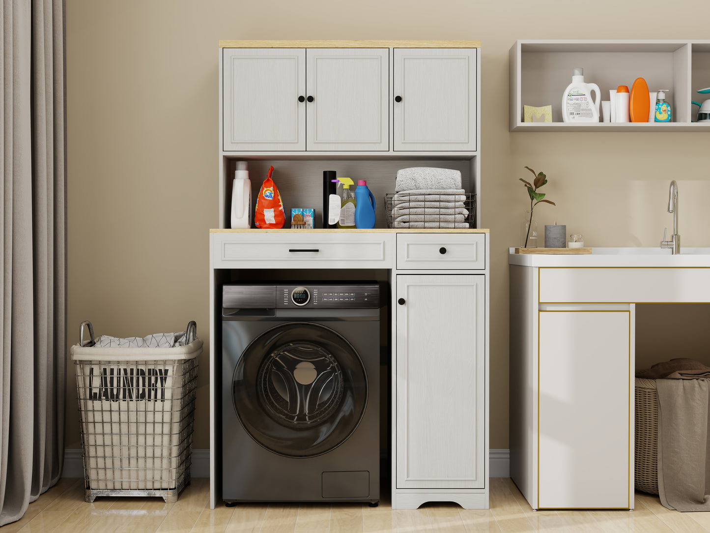 Over the Washer, Dryer and Robot Vacuum Storage Cabinet suitable for Compact Washing Machines, Laundry Room Storage Organizer with 1 Laundry Basket, 1 Drawer and 2 Adjustable Shelves-Antique White image 12
