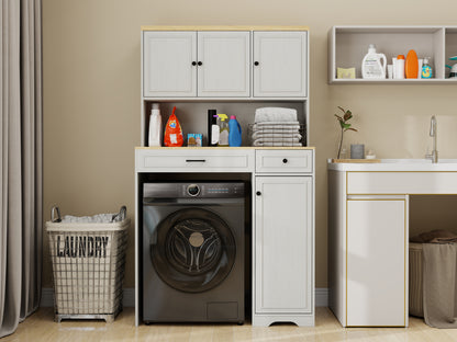 Over the Washer, Dryer and Robot Vacuum Storage Cabinet suitable for Compact Washing Machines, Laundry Room Storage Organizer with 1 Laundry Basket, 1 Drawer and 2 Adjustable Shelves-Antique White image 12