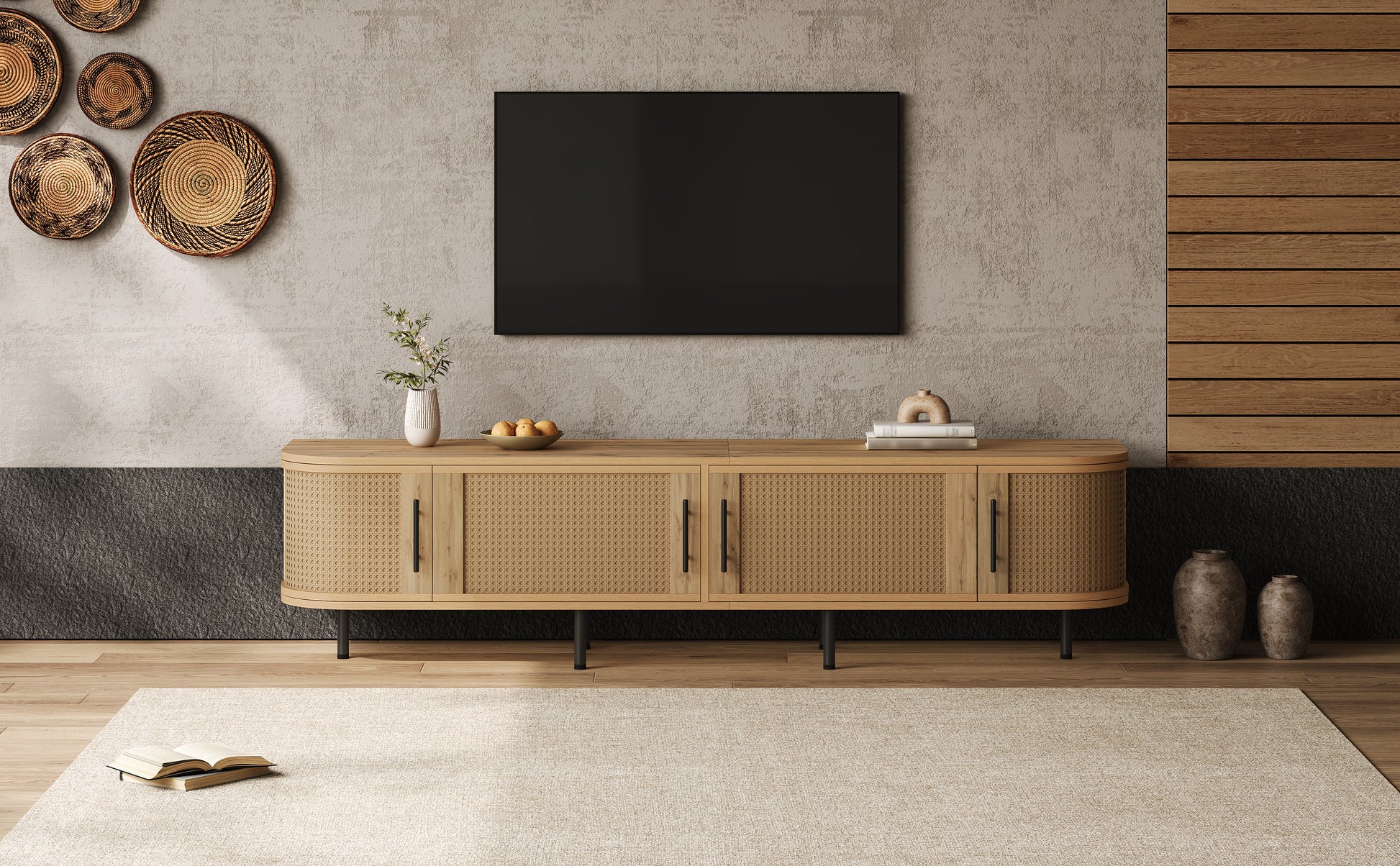 70inch Modern TV Stand with Rattan Doors for TVs up to 80", Media Console with Storage Space & Cable Holes, Entertainment Center for Living Room image 11