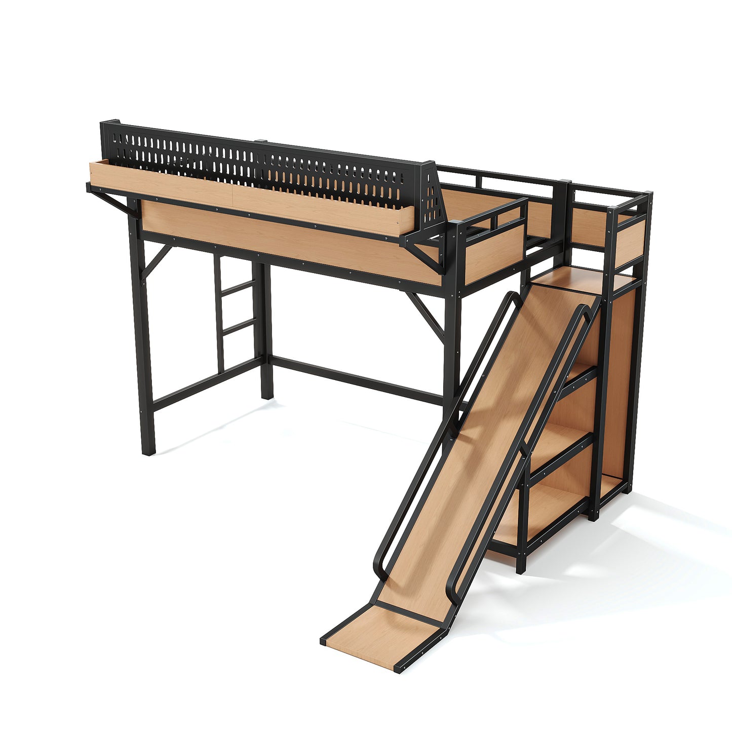 Twin XL Size Loft Bed with Slide, Storage Shelves and Built-in Wardrobe, Metal Loft Bed Frame with USB Ports and LED Lights, with Pegboard, Safety and Solid, Natural image 10