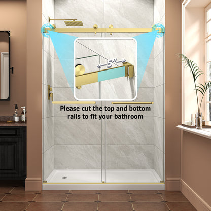 55"-60" W x 76" H Brushed Gold Reversible Installation Double Bypass Sliding Shower Door Easy Installation Frameless Shower Door,5/16"(8MM) Tempered Glass With Nano Explosion-proof Film image 4