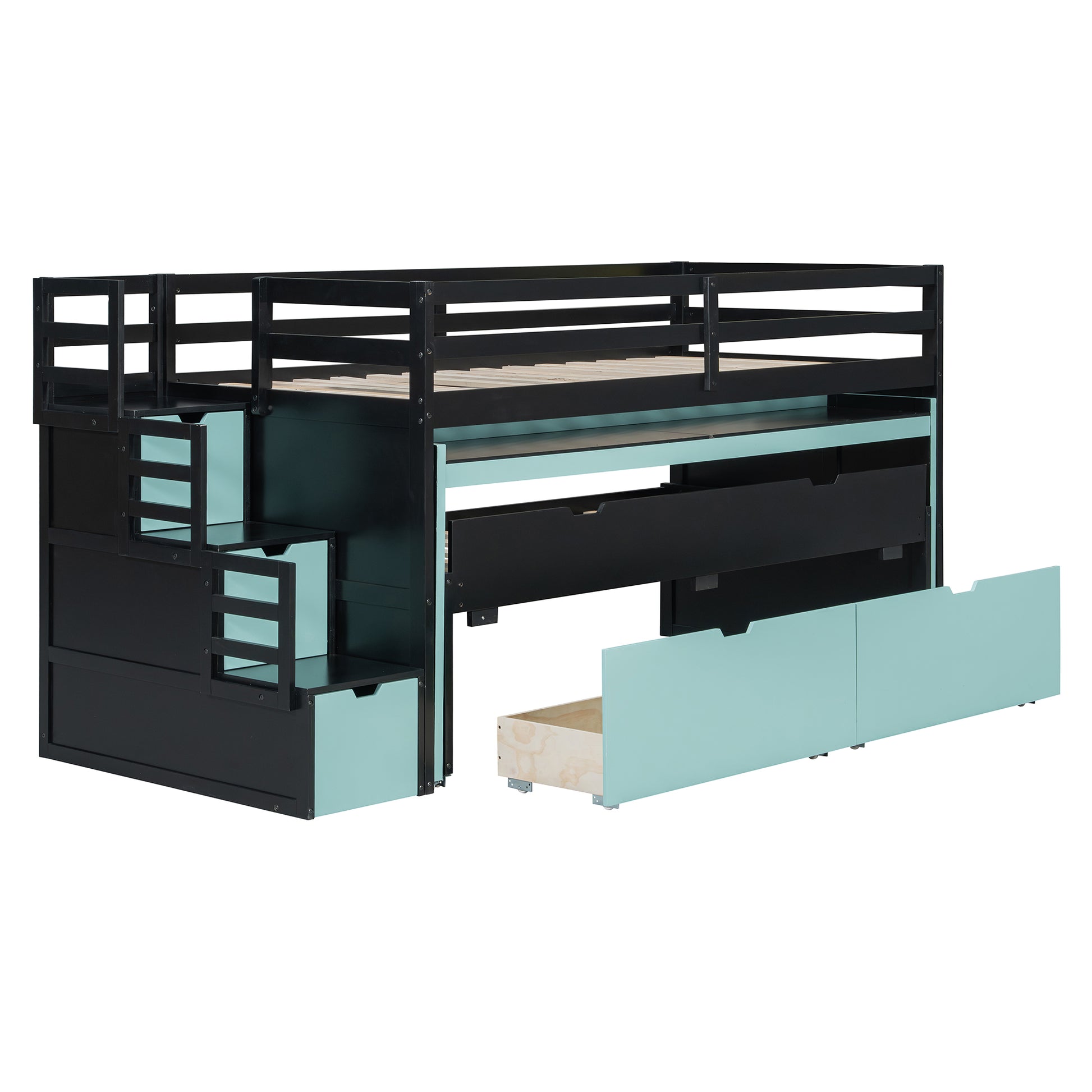 Twin XL Loft Bed with Pull-Out Desk and Twin Trundle, Multi-Functional Bunk Bed with 2 Storage Drawers and Storage Steps, Space-Saving Gaming & Workstation Bedframe, Black+Blue image 8