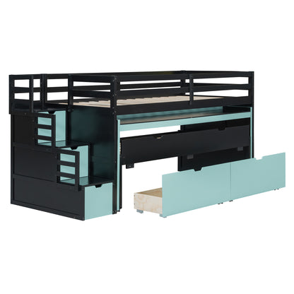 Twin XL Loft Bed with Pull-Out Desk and Twin Trundle, Multi-Functional Bunk Bed with 2 Storage Drawers and Storage Steps, Space-Saving Gaming & Workstation Bedframe, Black+Blue image 8