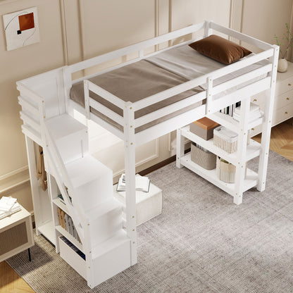 Twin Size Loft Bed with Shelves, Storage Staircase, Small Wardrobe and White LED Light, White image 4