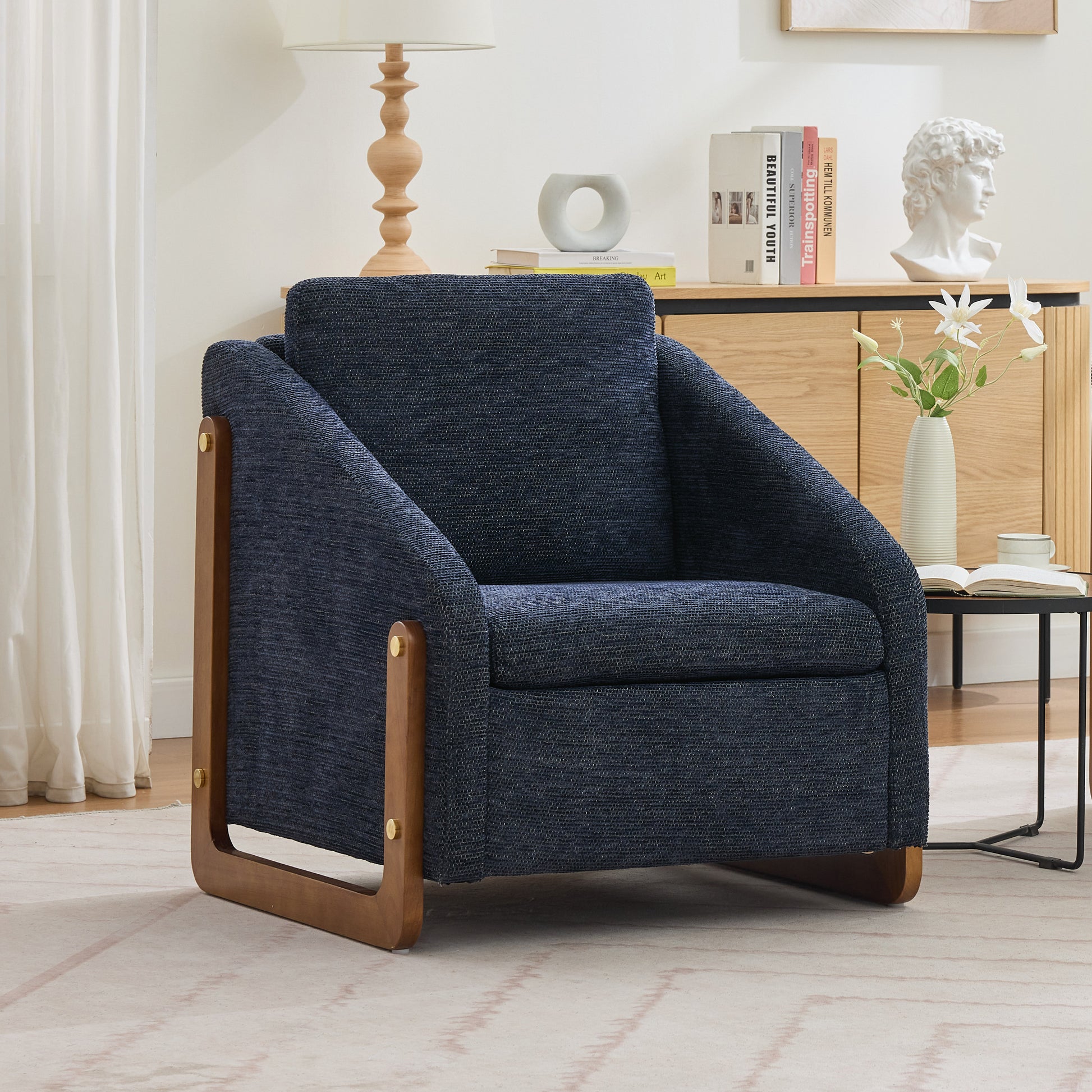 057-Set of 1 Chenille Fabric Modern Upholstered Armchair with Wooden Side Frame, Accent Leisure Chair with Cushioned Seat and Backrest for Living Room, Bedroom,Blue image 9